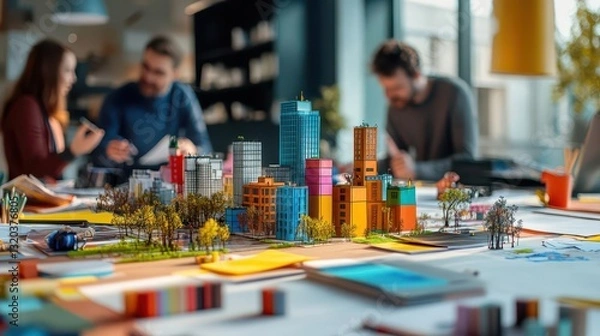 Fototapeta Colorful Architectural Model on Table During Collaborative Studio Session