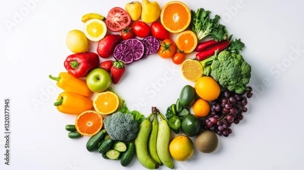 Fototapeta Rainbow-colored fruits and vegetables in a circular pattern, symbolizing vibrant health and natural diversity.
