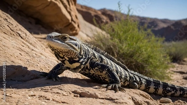 Fototapeta Desert Respite: A Tegu Lounges in the Shade of Rocky Overhangs
