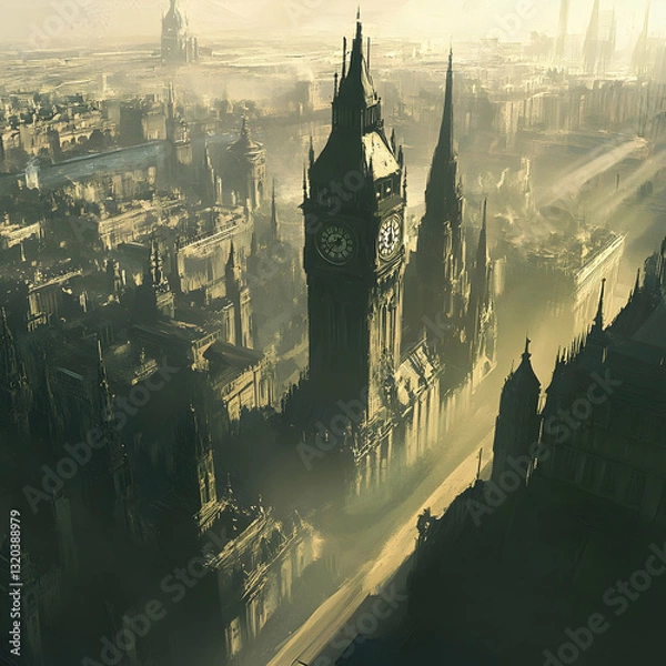 Obraz Cityscape,  Clock Tower,  Misty