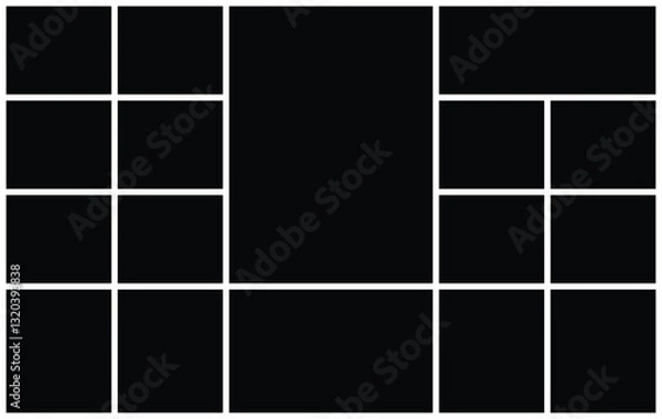 Obraz 17 Empty Collage Photo Template with Geometric Grid. Versatile Picture Frame Layout for Photo Montage. background and rectangle shape for  moodboard. Texture pattern for picture display presentation.