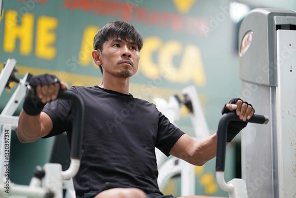Fototapeta Asian man having fitness training in gym to build up muscle on a weight machine.