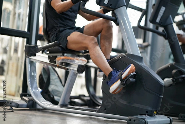 Fototapeta  Asian man working out on spinning bikes in gym.