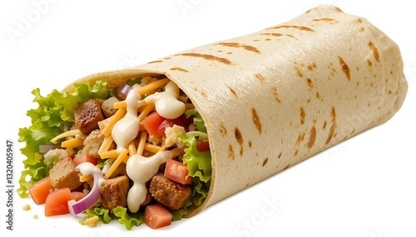 Fototapeta Delicious Grilled Chicken Burrito with Fresh Ingredients, Tasty Mexican Burrito with Chicken, Cheese, and Veggies, Appetizing Chicken Wrap with Fresh Vegetables and Sauce