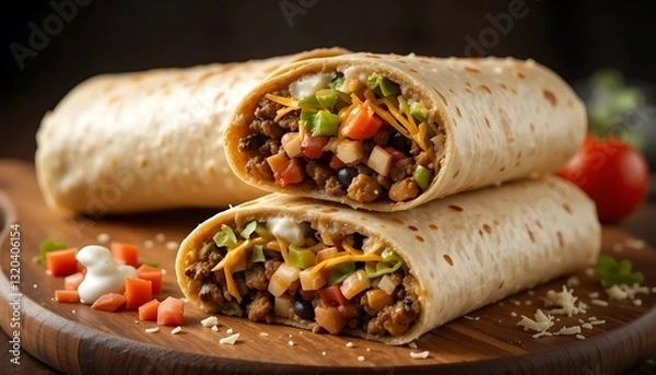 Fototapeta Delicious Grilled Chicken Burrito with Fresh Ingredients, Tasty Mexican Burrito with Chicken, Cheese, and Veggies, Appetizing Chicken Wrap with Fresh Vegetables and Sauce