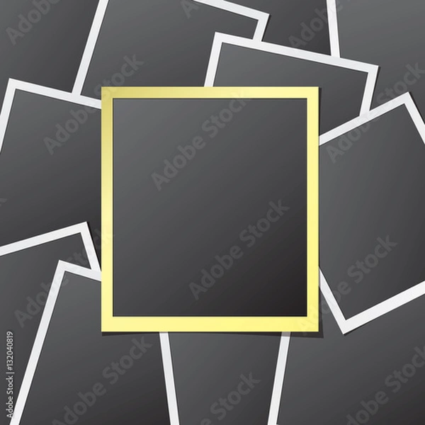 Fototapeta Paper photo frames in white and golden colors isolated mock up. Abstract background with realistic slides and blank space for your images. Detailed vector eps10 illustration.