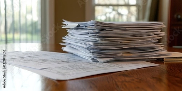 Fototapeta budget income optimization concept. Stack of documents on a wooden table in a well-lit room.