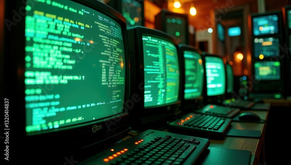 Fototapeta Nostalgic Cybernetics: Vintage 1980s Server Room with Glowing Green Data Streams on CRT Monitors