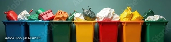 Fototapeta Color-coded bins overflowing with various hospital waste , infectious, metal, segregation