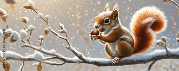 Fototapeta A cute squirrel sits on a snowy branch holding some nuts