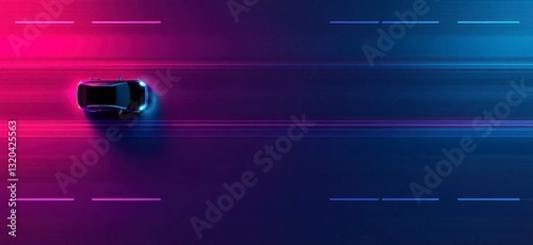 Obraz Aerial View of a Car Driving on a Neon Lit Road at Night