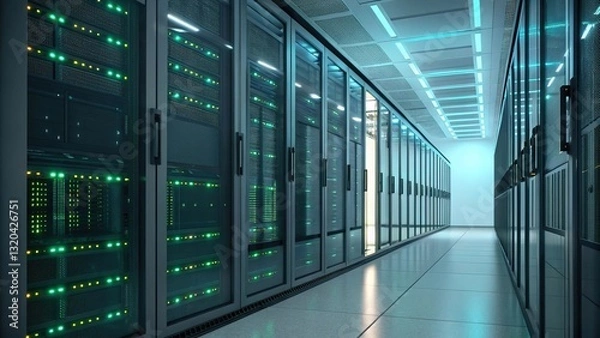 Obraz A Mesmerizing Digital Heart Beating With Data, A Network Of Servers Humming With Life, Glowing Under Cool Blue Lights In A Sleek, Modern Data Center