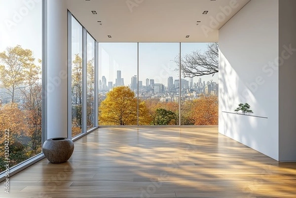 Fototapeta Minimalist interior design with a white wall, light wood flooring, and large glass windows showcasing a cityscape. Elegant and clean aesthetic for modern living spaces.