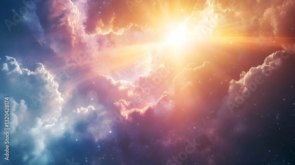 Fototapeta Celestial Symphony A vibrant interplay of radiant light and dreamy clouds, ethereal skies