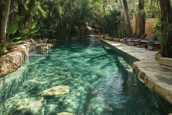Obraz Serene Tropical Pool Surrounded by Lush Greenery and Natural Rock