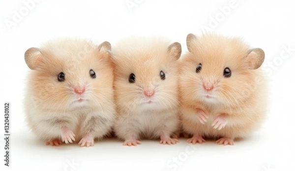 Obraz Three Fluffy Cream Colored Hamsters Closeup on White Background