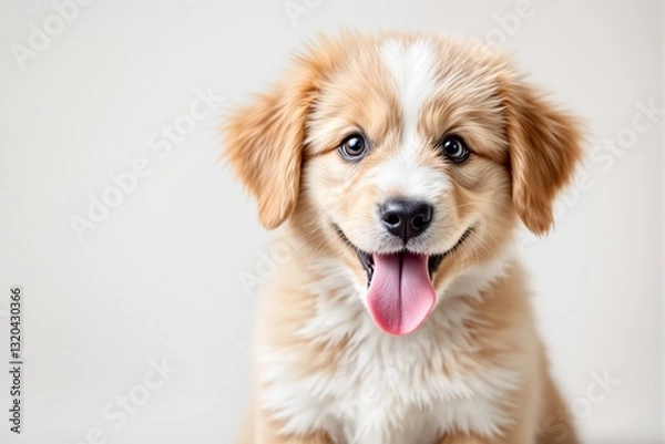 Obraz Cute fluffy puppy with bright eyes and tongue out, sitting on a soft light background. The creative image captures warmth and joy. Ai generative