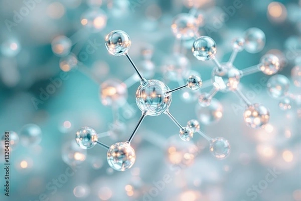 Fototapeta Transparent molecular structure with glowing nodes on a soft blue background. Abstract concept of science, chemistry, and nanotechnology. Ai generative