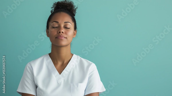 Obraz Calm woman in a white uniform meditating against a teal background