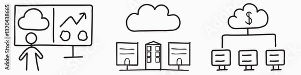 Fototapeta Cloud computing cost efficiency server concept. Illustrated with graphs, buildings, and network connections.