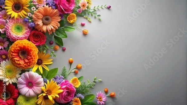 Fototapeta Vibrant floral explosion on a neutral gray background, colorful flowers, colorful flowers