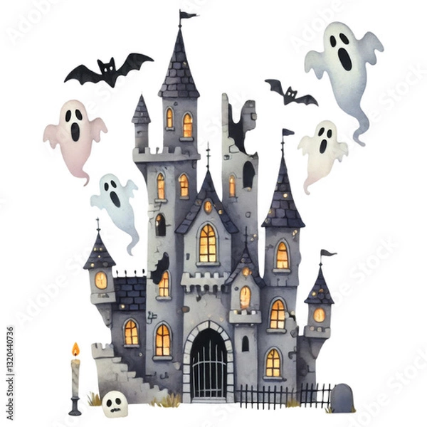 Fototapeta Haunted house concept. A spooky castle with ghosts and bats, featuring a dark, whimsical design perfect for Halloween themes.