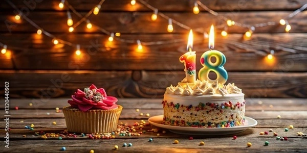 Fototapeta 18th Birthday Cake Photo: Whipped Cream, Sprinkles, Candle, Number 18 on Rustic Wood
