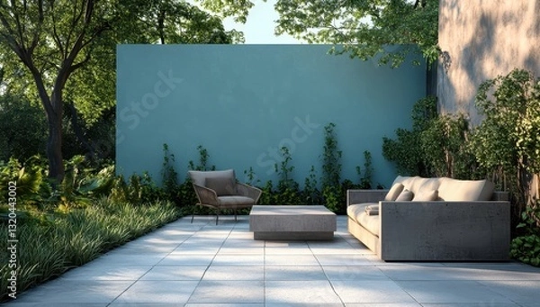 Fototapeta Inviting Outdoor Living Space with Modern Furniture Surrounded by Lush Greenery and Relaxing Ambiance for Peaceful Retreat and Gatherings