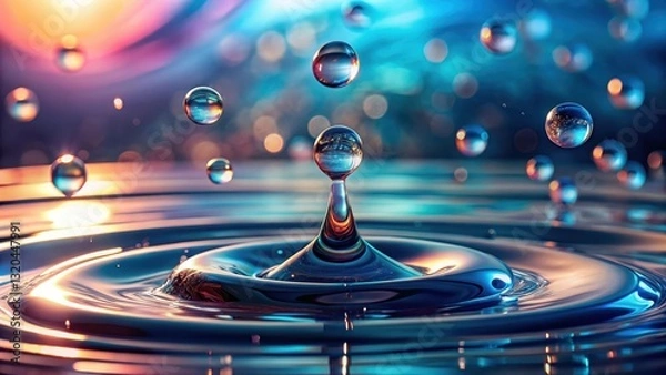 Fototapeta Water droplets suspended in mid-air with subtle light leaks creating an abstract effect