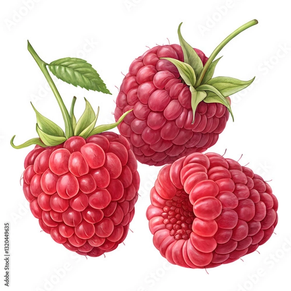 Fototapeta Raspberries accompanied by leaves, presented on a white or transparent background