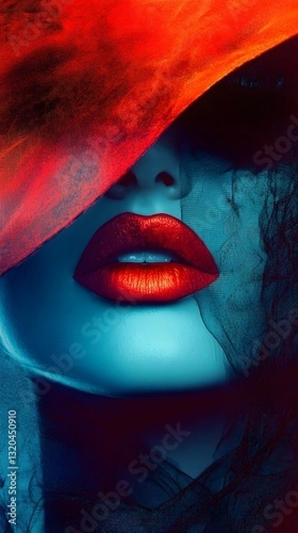 Fototapeta a woman's face with red lips and a veil.