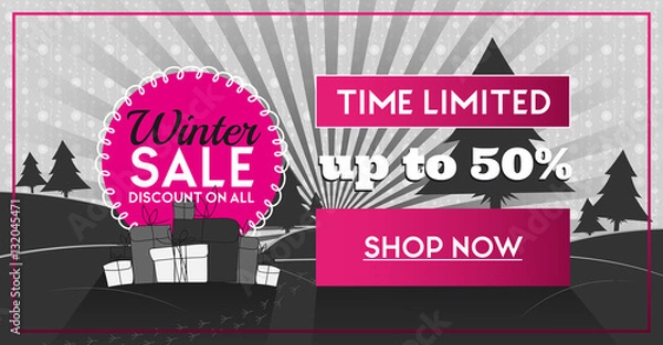 Fototapeta Winter sale social network banner pink and black with snow background, snowflakes, tree and discount.