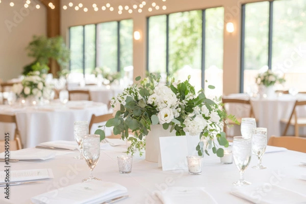 Fototapeta Elegant floral arrangement on table in bright event space