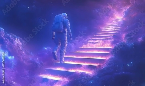 Obraz an astronaut walking up a staircase leading to the sky.