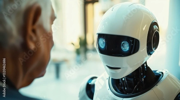 Fototapeta Robot and Elderly Man Having Conversation