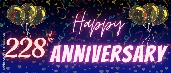 Fototapeta 228th anniversary neon calligraphy text and number. Confetti and balloon isolated on elegant blue gradient background, sparkle, design for greeting card, print. Two hundred twenty eight anniversary