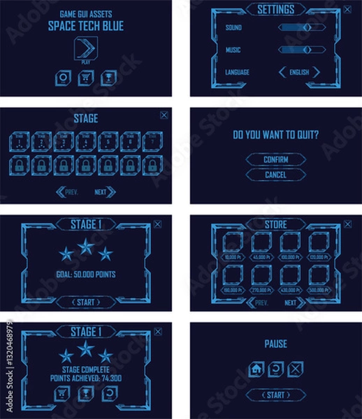Obraz Complete user interface kit designed for a space-themed mobile game. It includes various screens and elements necessary for a functional game, such as a main menu, settings, stage selection, in-game s
