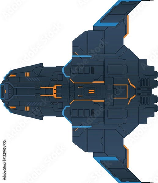 Fototapeta A detailed vector illustration of a futuristic spaceship presented in a top-down perspective includes intricate geometric patterns and panel lines, showcasing a technologically advanced spacecraft