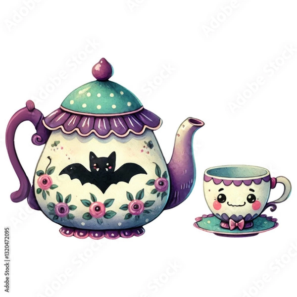 Fototapeta Halloween coffee concept. A whimsical teapot with a bat design, accompanied by a cute teacup, featuring floral patterns and playful colors.