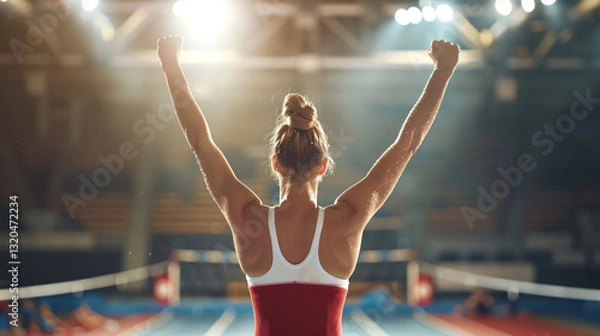 Fototapeta Happy Olympic gymnast standing on the mat with their back to the camera.