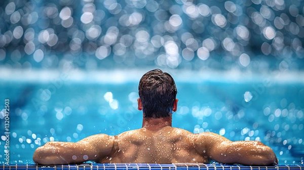 Fototapeta Happy swimmer resting on the pool edge, back turned to the camera.
