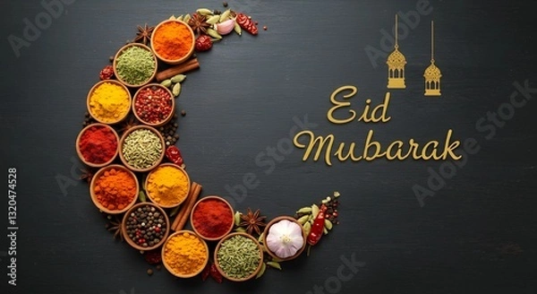 Obraz A festive Eid Mubarak design featuring a crescent moon shape made from an assortment of colorful spices and herbs in small wooden bowls