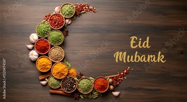 Obraz A festive Eid Mubarak design featuring a crescent moon shape made from an assortment of colorful spices and herbs in small wooden bowls