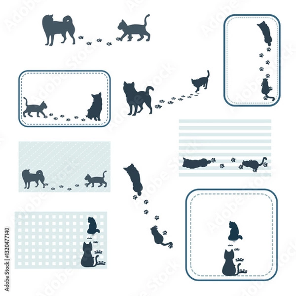 Obraz 足跡をつけながら歩く犬と猫のシルエットセット