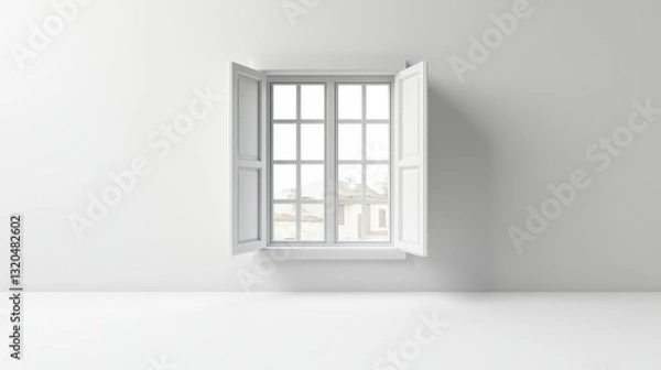 Fototapeta Open window shutters reveal a glimpse of buildings in the distance. Minimalist and serene.