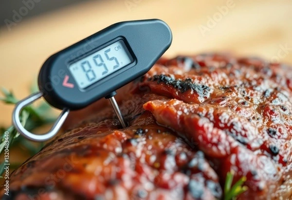 Fototapeta Close-up of meat thermometer inserted into cooked roast, meat doneness, chicken