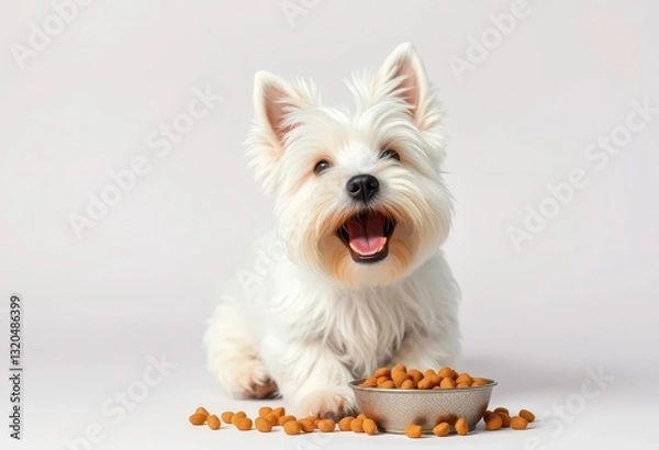Fototapeta Fluffy West Highland White Terrier happily eating kibble in a studio shot against a solid background, canine, dog