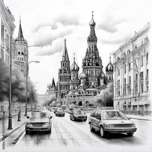 Obraz an AI Image Generator, Illustration of a Historical Cityscape on a Rainy Da