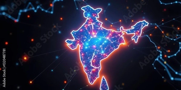 Fototapeta Glowing India map highlighting digital network connectivity, futuristic technology,  India technology, network
