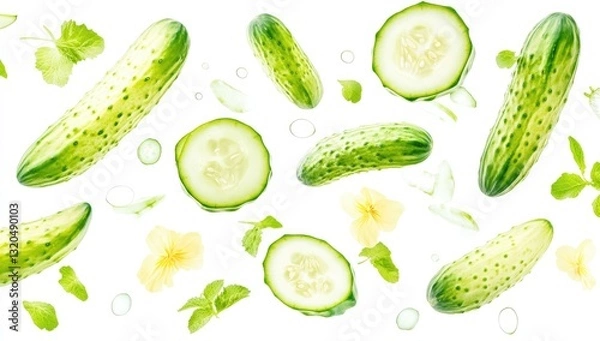 Fototapeta Fresh Cucumber Slices & Pieces Isolated